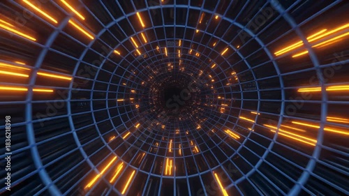 Navy Orange Grid Tunnel: Rapid Fly-through with Intense Data Energy Pulses Loop.