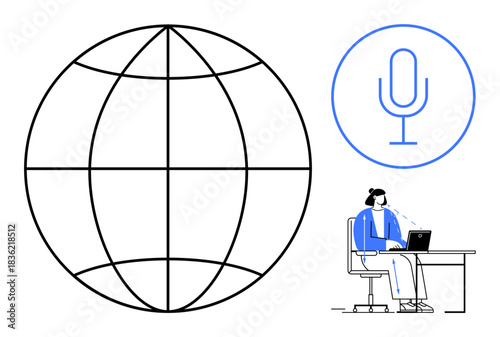 Communication concept. Communication through technology with global connectivity, microphone icon, and a person using a laptop. Communication in networking, telecommunication, content creation