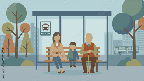 Family Waiting with Elderly Man at Bus Stop – Vector Illustration