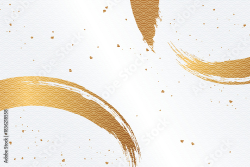 金色の筆跡と金箔が舞う上品な和風抽象背景・うっすらと青海波が広がるデザイン｜金色 筆跡 金箔 青海波 和柄 白背景 背景 抽象