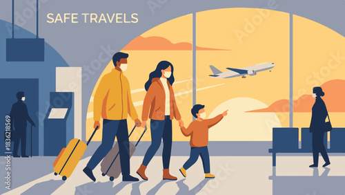 Happy Family Airplane Travel Cartoon Scene Vector Illustration