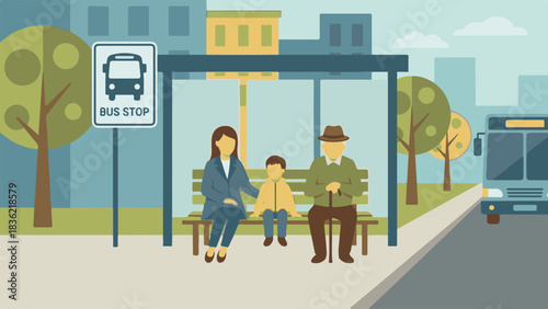 Family Waiting with Elderly Man at Bus Stop – Vector Illustration