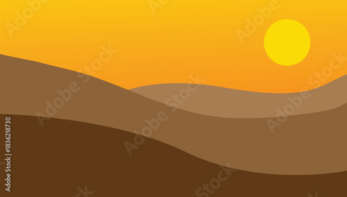 Minimalist vector illustration of a desert landscape at sunset with rolling hills