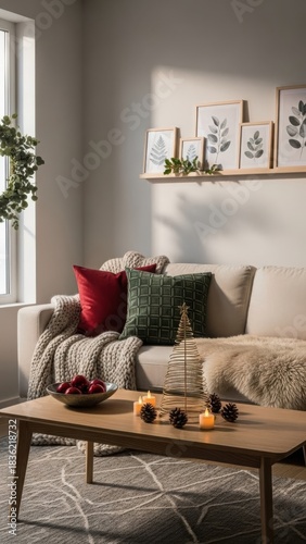 Cozy living room scene with christmas decor and botanical art