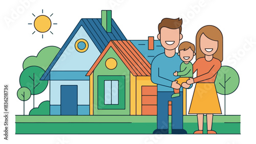 Family Standing in Front of New House – Vector Illustration