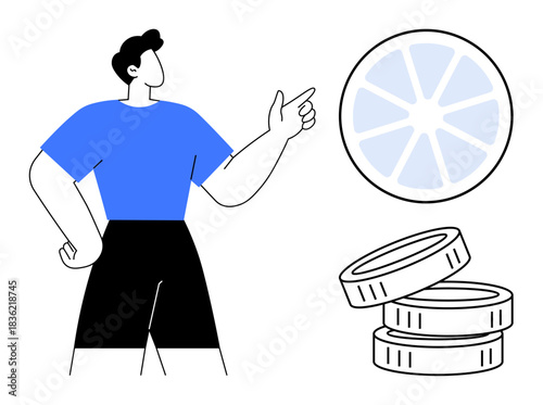 Finance, investments, wealth management, budgeting, choices, profit analysis. A person pointing at a circular shape with stacked coins nearby. Finance and investment illustrated symbolically