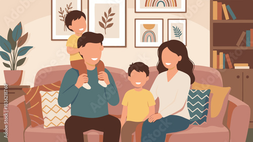 Happy Family Sitting Together at Home – Vector Illustration