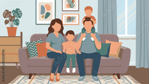 Family Drinking Tea at Home – Vector Illustration
