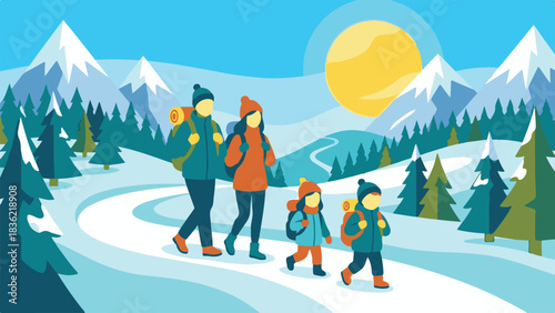 Family Walking in Winter Mountains – Vector Illustration