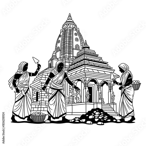 Indian Women Rebuilding Temple – Cultural Labor, Religious Monument Construction and Heritage Architecture Vector

