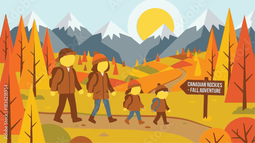 Family Hiking in Autumn Mountains – Vector Illustration
