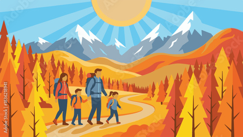 Family Hiking in Mountains Vector Illustration