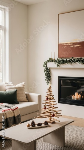 Cozy living room decorated for christmas with minimalist tree