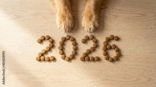 Dog paws rest above 2026 made from round kibble on light wood table, dog waiting for treats in warm sunlight, dog newyear greeting for pet wellness brands, cozy concept for social media