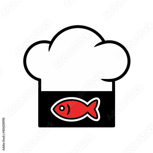 Chef Hat With Red Fish Inside Black Square Logo Design Vector Art Isolated On Black Background