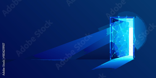 Abstract doorway with light rays and connected network on a dark blue background