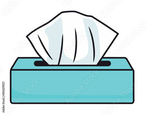 Clean Blue Tissue Box with White Tissues Emerging in Flat Design Style with Crisp Outlines on a Black Background
