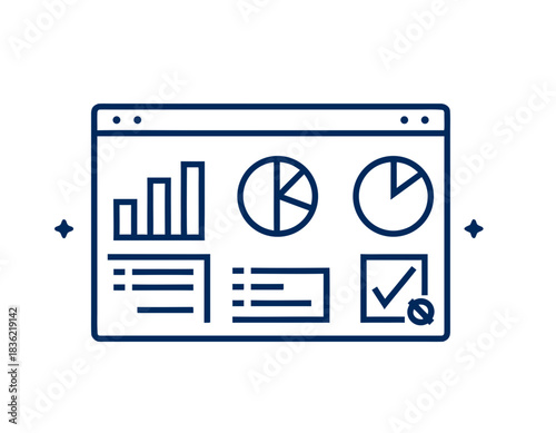 Clean Vector Illustration of a Digital Dashboard Displaying Various Charts and Graphs in a Modern Interface with a Dark Blue Outline on a Black Background Showing Data Analysis and Performance Metrics