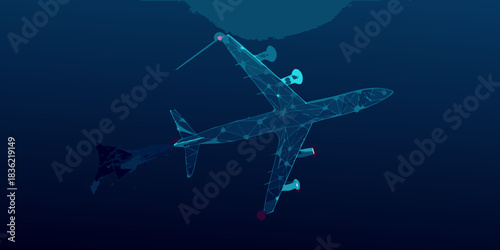 Abstract airplane illustration in dark blue with connected dots and lines