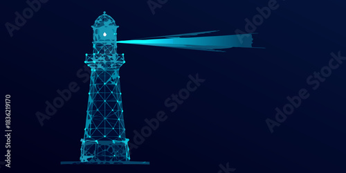 Abstract lighthouse illustration with glowing beam on dark blue background
