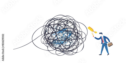 Businessman trying to solve a complex problem represented by a tangled mess