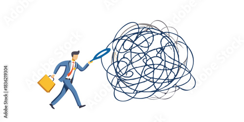 Businessman with a magnifying glass examining a tangled mess of lines