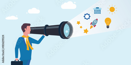Businessman looking through telescope with business ideas and future vision