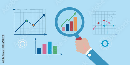 Analyzing business data with magnifying glass and charts illustration