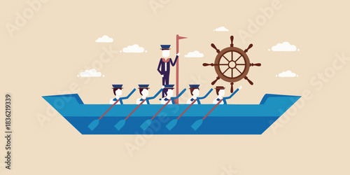 Teamwork and leadership concept rowers in a boat with a leader guiding them