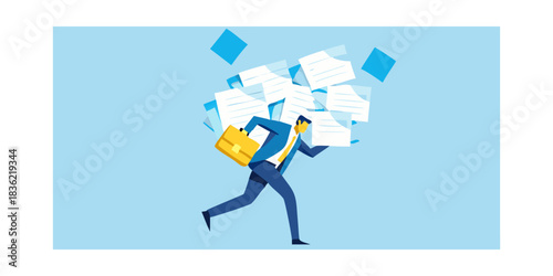 Businessman running with overwhelming paperwork and briefcase on a blue background