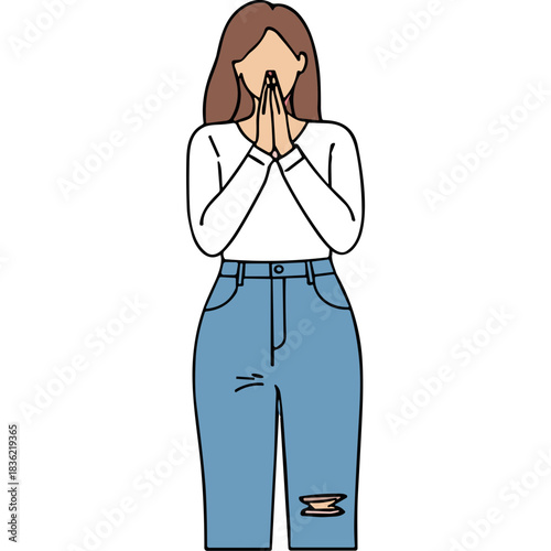 Young Woman Praying With Clasped Hands Wearing A White Long Sleeve Shirt And Ripped Blue Jeans On A Black Background With No Face Visible