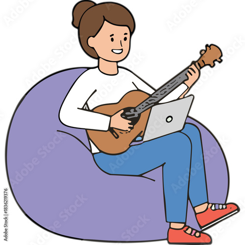 Young Woman Playing Guitar and Using Laptop While Sitting on a Beanbag Chair Wearing Casual Clothes and Red Sneakers With a Relaxed Expression and Soft Lighting