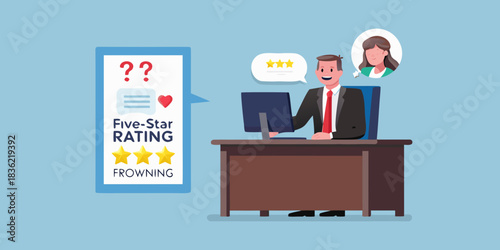 Customer service representative receiving mixed reviews and ratings on a computer