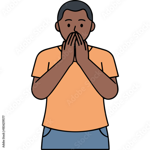 Young Man Covering Mouth With Hands Expressing Shock Or Disbelief With Dark Skin And Orange T Shirt And Blue Jeans In Simple Flat Illustration Style Isolated On Black Background