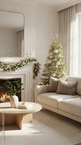 Cozy christmas living room with fireplace and decorated tree