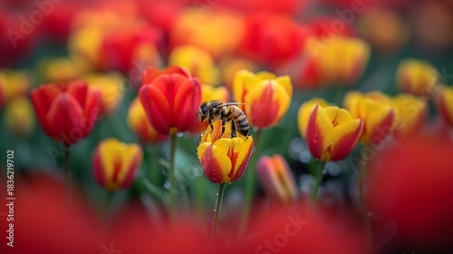 Honey Bee on Dewy Tulip in Colorful Spring Flower Field