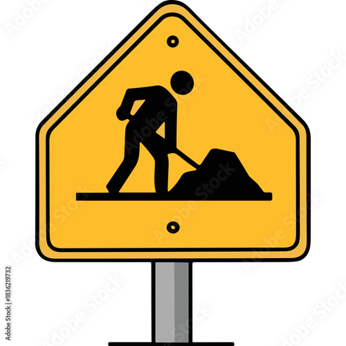 Yellow Warning Sign Depicting a Worker with a Shovel and a Pile of Dirt Indicating Road Construction Ahead
