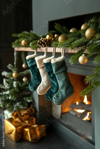 Cozy Christmas Stockings Hanging on Decorated Fireplace Mantel