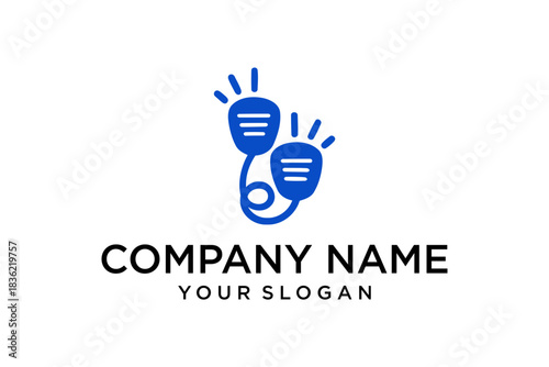 Blue communication logo icon for speech, podcast, or radio broadcasting. Modern graphic design with two stylized microphones and sound waves, ideal for branding.