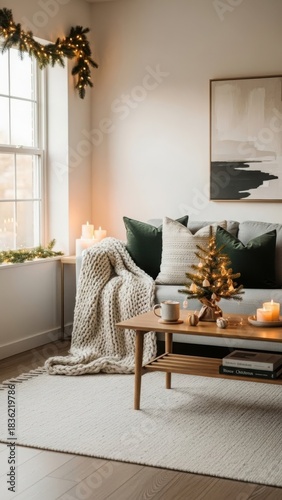Cozy christmas living room with decorated tree and warm lighting ambiance