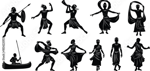 Tribal dancers, cultural performers, traditional costumes, ethnic music, native rituals, ceremonial movements, folklore celebration, heritage art, silhouette style, flat vector illustration