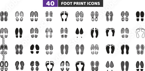Foot Print Icons Set, Shoe Sole and Barefoot Silhouette Vector Collection