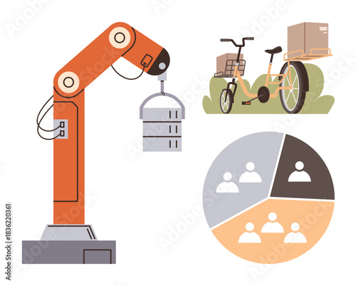 Robotic arm lifting item, cargo bicycle with delivery box, and circular team allocation chart. Ideal for automation, logistics, teamwork, technology, innovation delivery industry. Simple flat