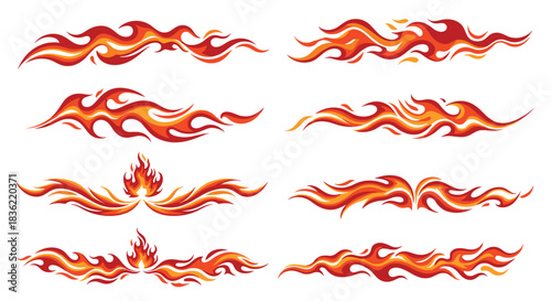 Dynamic collection of stylized fire flame designs, featuring various tribal and flowing patterns with vibrant red and orange gradients, ideal for decorative accents.