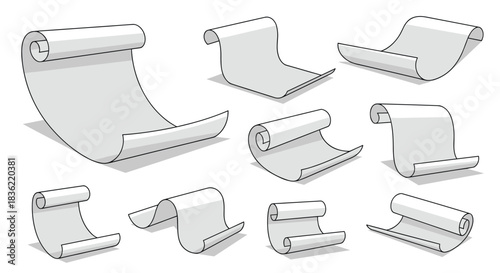 A diverse set of blank paper scrolls in various unrolled and curled forms, rendered as clean line art illustrations with subtle shadows, isolated on a white background.