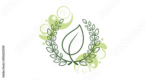 A stylized green leaf icon encircled by a laurel wreath, set against a backdrop of soft green abstract shapes and swirls, evoking nature and organic design.