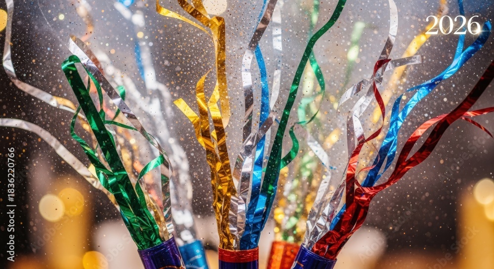 Fototapeta premium New Year's Eve Celebratory Confetti: A colorful explosion of celebratory confetti streamers, accompanied by bokeh lights, creating a festive visual for a New Year's Eve celebration. 