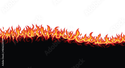 Stylized vibrant red, orange, and yellow flames border a contrasting black and white background, ideal for design elements and energetic visuals.