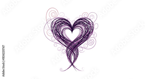 An artistic and abstract purple heart, created from tangled scribbled lines, adorned with delicate swirls on a white background.