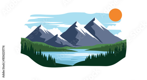 Beautiful stylized mountain landscape with snow-capped peaks, a reflective lake, dense pine forests, a blue sky, and a shining sun.